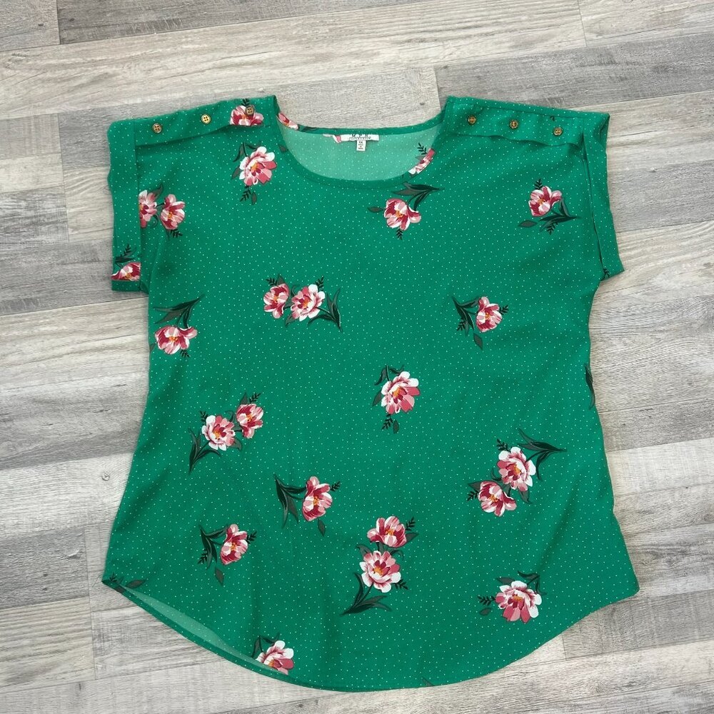 MPH green floral lightweight blouse short sleeve button detail womens 1X C10